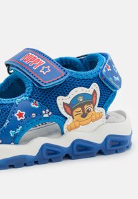 Sandale en maille bleue avec semelle blanche, ornée d'une patch représentant un personnage de chien en dessin animé et d'accents de motif étoile. Sangle Velcro étiquetée "CHIOT."