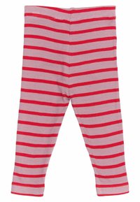 Legginsy w paski, wykonane z miękkiego materiału, z naprzemiennymi poziomymi paskami w kolorze czerwonym i jasnoróżowym, o dopasowanym kroju i elastycznym pasku w talii.