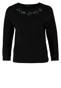 Czarny sweter z długimi rękawami i okrągłym dekoltem, ozdobiony koralikami i kwiatowymi aplikacjami przy kołnierzu, z fakturowanej tkaniny.