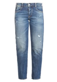 Jeans in denim blu con lavaggio sbiadito e dettagli strappati. Design a gamba dritta con cinque tasche e chiusura con bottone in metallo.