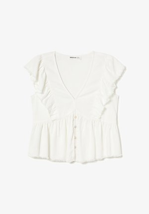 Blusa blanca sin mangas con escote en V profundo, bordes con volantes en los hombros, cierre frontal con botones y bajo peplum fruncido.