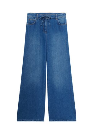 Brede blauwe denim broek met voorzakken, een trekkoord in de taille en contrasterende stiksels. Gladde textuur met een standaard pasvorm.