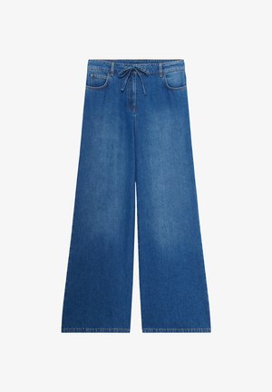 Brede blauwe denim broek met voorzakken, een trekkoord in de taille en contrasterende stiksels. Gladde textuur met een standaard pasvorm.