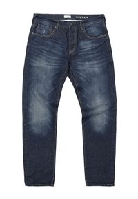 Donkerblauwe denim jeans met vervaagde voorkant, vijf zakken, knoopsluiting en zichtbare maatlabel W32 L32 aan de binnenkant van de tailleband.