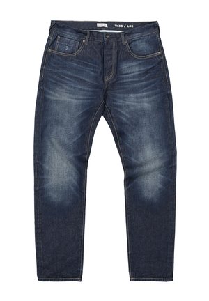 Donkerblauwe denim jeans met vervaagde voorkant, vijf zakken, knoopsluiting en zichtbare maatlabel W32 L32 aan de binnenkant van de tailleband.