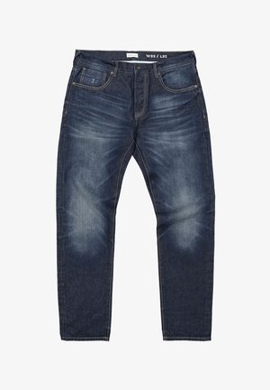 Dunkelblaue Jeans aus Denim mit ausgebleichter Vorderseite, fünf Taschen, Knopfverschluss und sichtbarem Größenetikett W32 L32 im Taillenbund.