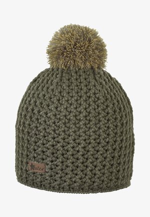 Knitted olive-green winter beanie with a textured pattern and a large two-tone pom-pom on top, featuring a small brown brand tag.