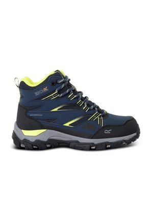 Navy and black waterproof hiking boot with yellow accents, padded ankle, lace-up front, and rugged sole for outdoor use.