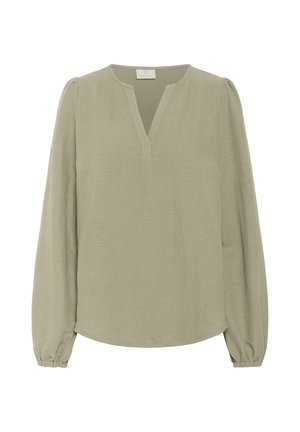 Long-sleeve, light olive green blouse made of textured fabric with a V-neckline and gathered cuffs. Loose-fit design.