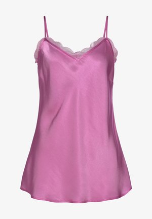 Różowa satynowa koszulka na cienkich, regulowanych ramiączkach z koronkową lamówką przy dekolcie.