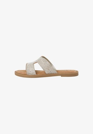 Flat slide sandal with two wide, textured straps in white and beige, featuring a soft footbed and a smooth, light brown sole.