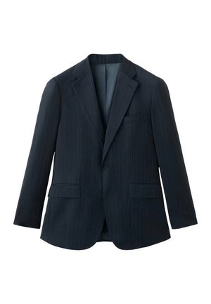 Navy blue suit jacket with pinstripe pattern, single-breasted design, two front pockets, notched lapels, and a partially lined interior.