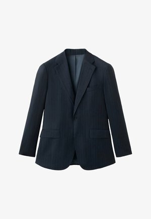 Marineblaues Anzugjackett mit Nadelstreifenmuster, einreihigem Design, zwei Vordertaschen, eingekerbten Revers und teilweise gefüttertem Innenfutter.