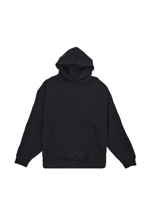 Svart hettegenser med en front lomme, brodert logo i en litt mørkere nyanse, tilpassede mansjetter og en avslappet passform.