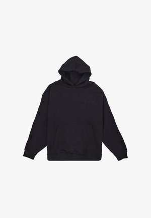 Black hooded sweatshirt with a front kangaroo pocket, embroidered logo in a slightly darker shade, fitted cuffs, and a relaxed fit.