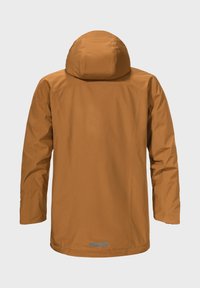 Brown waterproof jacket with a hood, featuring a smooth texture, straight cut, and minimalistic design. Includes a lower back logo accent.