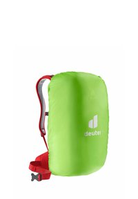 Bright green backpack with red straps. Smooth, lightweight material featuring the Deuter logo in white. Efficient, compact design.