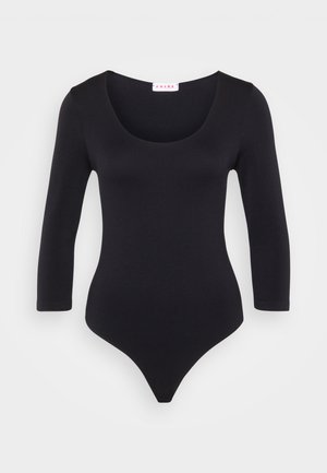 Svart bodysuit med lange ermer, scoop-hals og tettsittende design. Laget av et glatt materiale med thong-bunn for minimal dekning.