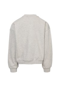 Lichtgrijze cropped sweatshirt met een ronde hals en lange mouwen. Zachte stoftextuur en ribbels aan de randen en mouwen.
