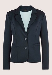 Marineblazer aus glattem Stoff mit Reverskragen, zwei Fronttaschen, Ein-Knopf-Verschluss und maßgeschneiderter Passform.