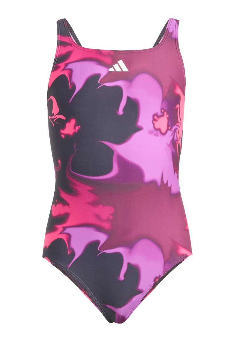 Eénpiece badpak van gladde stof met een roze en paarse bloemenpatroon op een donkere achtergrond. Inclusief dunne bandjes.
