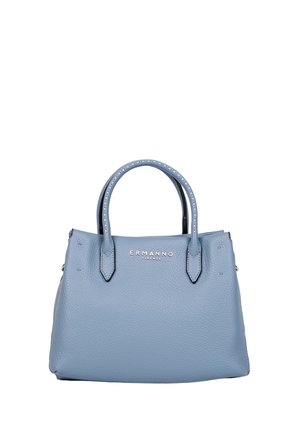 Borsa in pelle azzurro chiaro con doppie maniglie, superficie strutturata e logo argentato "ERMANNO FIRENZE" centrato sul davanti.