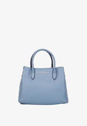 Borsa in pelle azzurro chiaro con doppie maniglie, superficie strutturata e logo argentato "ERMANNO FIRENZE" centrato sul davanti.