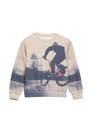 Beige sweatvest met afbeelding van een persoon met helm die op een fiets met een oranje frame rijdt in een wazige buitenomgeving.