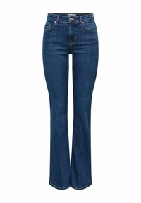 Rozszerzane ciemnoniebieskie dżinsy z wysokim stanem, z zamkiem błyskawicznym i zapięciem na guzik, pięcioma kieszeniami oraz kontrastowymi detalami ściegów.