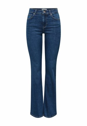 Jean en denim bleu foncé évasé avec taille haute, doté d'une fermeture à glissière et d'un bouton, de cinq poches et de coutures contrastées.