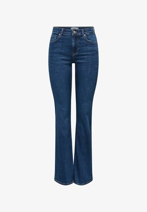 Jeans in denim blu scuro a zampa d'elefante con vita alta, dotati di chiusura con cerniera e bottone, cinque tasche e dettagli di cucitura a contrasto.