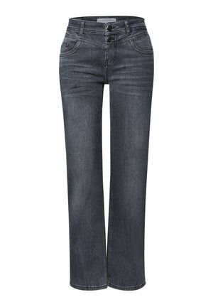 Jean en denim gris avec une coupe droite, fermeture avant à deux boutons et plusieurs poches. Présente des surpiqûres contrastantes et une texture douce.