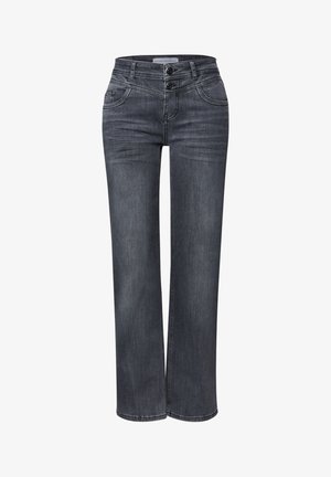 Jeans in denim grigio con taglio a gamba dritta, chiusura frontale a due bottoni e multiple tasche. Presentano cuciture a contrasto e una texture morbida.