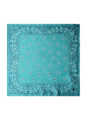 Bandana turquoise avec des motifs paisley et floraux bleu marine disposés en bordure carrée et éparpillés au centre.