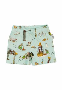 Ljusblå shorts med tecknade gårdstema-illustrationer. Materialet är mjukt, med resårmidja och dragsko.