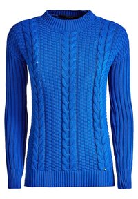 Sininen neulottu villapaita, jossa on palmikkoneulekuvioita, resorit hihansuissa ja pyöreä kaulus. Teksturoidusta kankaasta, jossa erilaisia pistokuvioita.