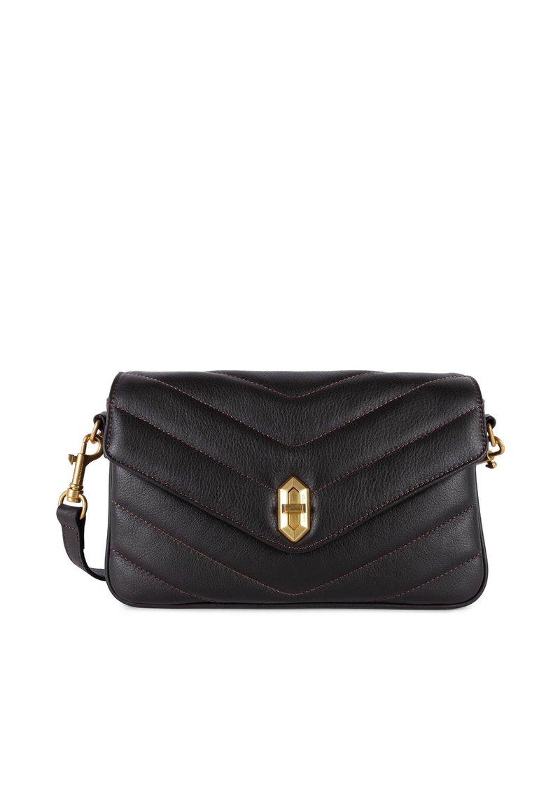 Sac à bandoulière en cuir noir avec motif en chevrons, quincaillerie dorée, fermeture magnétique et bandoulière réglable. Texture lisse et design structuré.