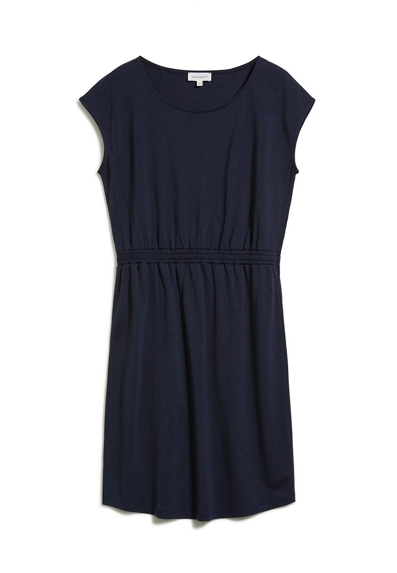 Robe bleu marine sans manches avec décolleté en col rond et taille élastiquée froncée, longueur genou, posée à plat sur fond blanc.