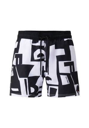 Shorts de bain noir et blanc avec des motifs géométriques, taille élastique, cordon de serrage et étiquette de marque sur le côté. Fabriqués en matériau synthétique.