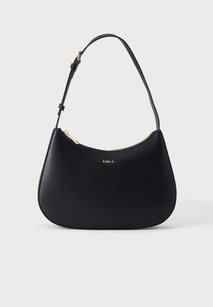 Schwarze Lederschultertasche mit verstellbarem Riemen, goldenem Reißverschluss und kleinem goldenem Furla-Logo vorne.