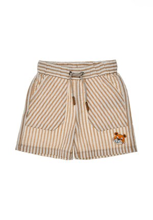 Pantaloncini da bambino a righe beige e bianche con vita elastica, tasche frontali, coulisse e una piccola toppa con la faccia di una tigre sulla gamba sinistra.
