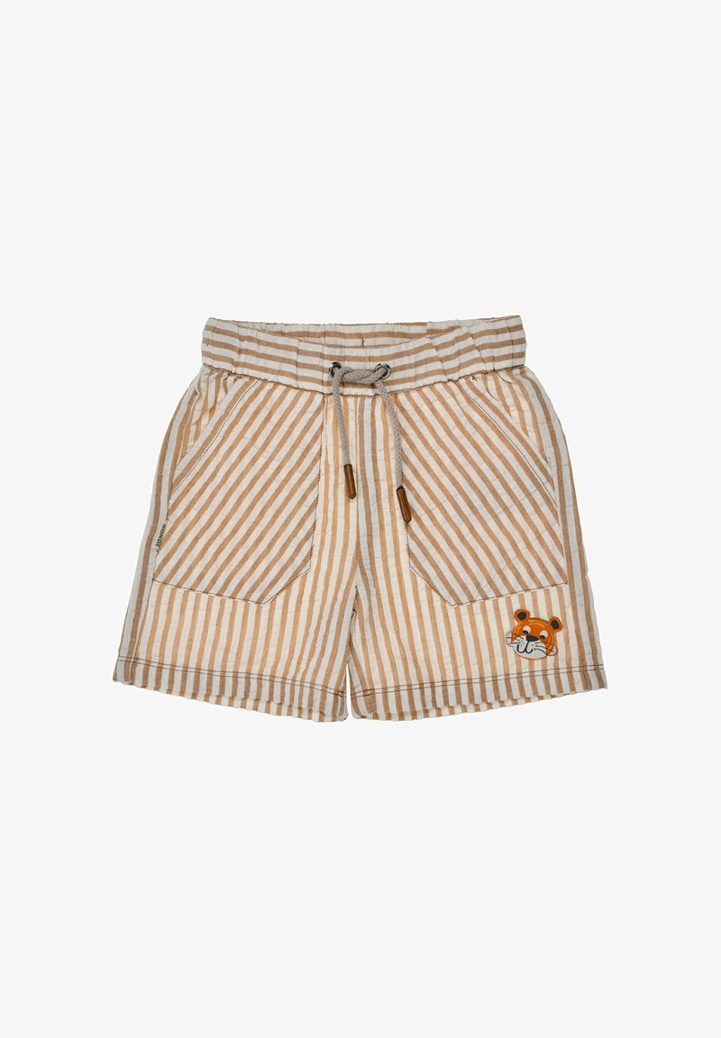 Shorts pour tout-petit à rayures beige et blanches avec taille élastique, poches avant, cordon de serrage, et une petite écusson en forme de visage de tigre sur la jambe gauche.