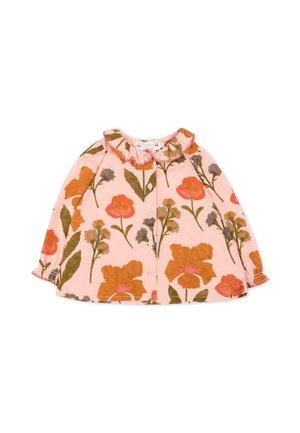 Maglietta rosa a maniche lunghe per neonati con stampa floreale arancione e viola, bottoni frontali, colletto arricciato e polsini elastici.