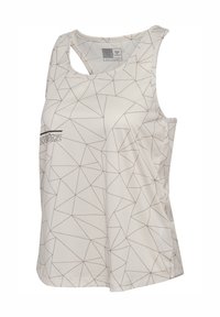 Débardeur beige clair avec un motif géométrique marron foncé. Il présente un col rond, une conception sans manches et un détail découpé à l'arrière.