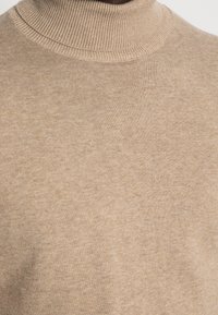 Beige stickad tröja med en ribbad hög hals, som visar en mjuk, fin tygstruktur och släta sömmar.