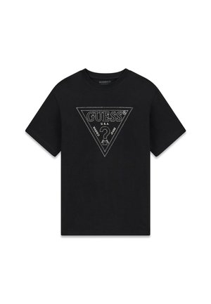 Schwarzes T-Shirt mit kurzen Ärmeln und einem großen, umrissenen Dreieck-Logo auf der Vorderseite mit der Aufschrift "GUESS U.S.A." und "Washed Jeans" sowie einem Fragezeichen.