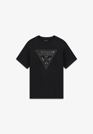 T-shirt noir à manches courtes avec un grand logo triangulaire en contour sur le devant, portant l'inscription "GUESS U.S.A." et "Washed Jeans" avec un point d'interrogation.