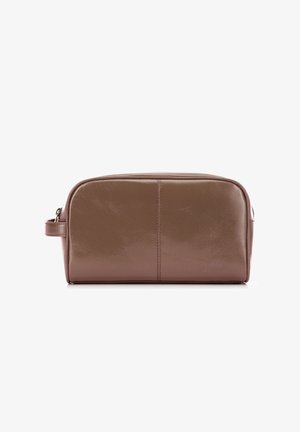 Brown leather cosmetic bag with a glossy finish, rectangular shape, zip closure, and a side handle for easy carrying.