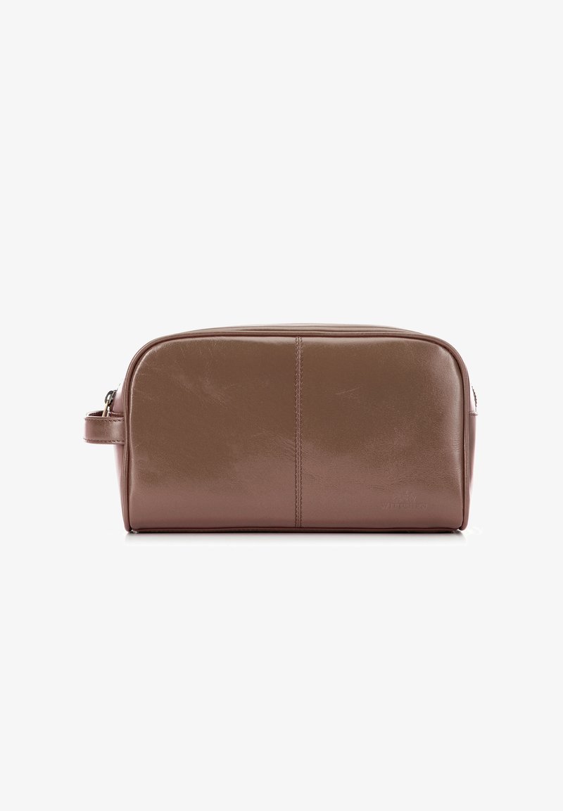 Brown leather cosmetic bag with a glossy finish, rectangular shape, zip closure, and a side handle for easy carrying.