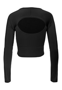 Melnas garas piedurknes īsās augšdaļas, kas izgatavota no elastīga auduma, ar atvērtu aizmuguri un bezšuvju malām, lai nodrošinātu tīru izskatu.